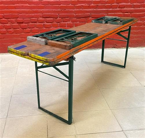 Vintage German Oktoberfest Beer Garden Table & Bench, Orange Outdoor Set A61