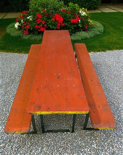 Table - Vintage German Oktoberfest Beer Garden Table & Bench, Orange Outdoor Set A64 by The Old Grainery (20 inches, 30 in...