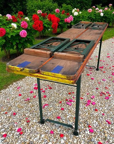 Table - Vintage German Oktoberfest Beer Garden Table & Bench, Orange Outdoor Set A64 by The Old Grainery (20 inches, 30 in...
