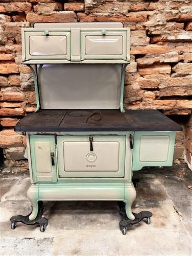 Wood Burning Stove - Monogram Stove, Vintage Wood/Coal Burning Stove, Cream & Sage Enamel, Cast Iron by The Old Grainery (...