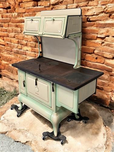 Wood Burning Stove - Monogram Stove, Vintage Wood/Coal Burning Stove, Cream & Sage Enamel, Cast Iron by The Old Grainery (...