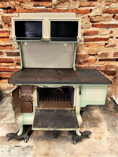 Wood Burning Stove - Monogram Stove, Vintage Wood/Coal Burning Stove, Cream & Sage Enamel, Cast Iron by The Old Grainery (...
