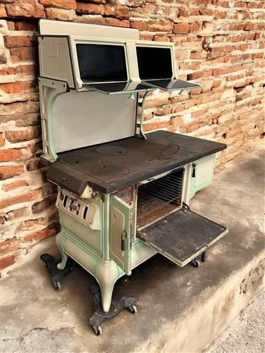 Wood Burning Stove - Monogram Stove, Vintage Wood/Coal Burning Stove, Cream & Sage Enamel, Cast Iron by The Old Grainery (...