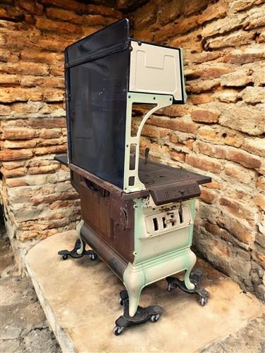 Wood Burning Stove - Monogram Stove, Vintage Wood/Coal Burning Stove, Cream & Sage Enamel, Cast Iron by The Old Grainery (...