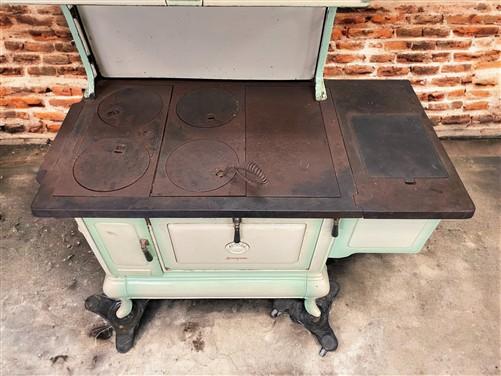 Wood Burning Stove - Monogram Stove, Vintage Wood/Coal Burning Stove, Cream & Sage Enamel, Cast Iron by The Old Grainery (...