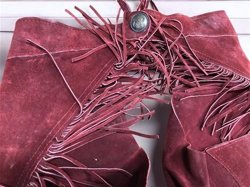 Chaps - Rich Suede Fringed Chaps, Vintage Cowboy Western Concho Rodeo Riding Chaps D, by The Old Grainery (Adult, chaps, c...