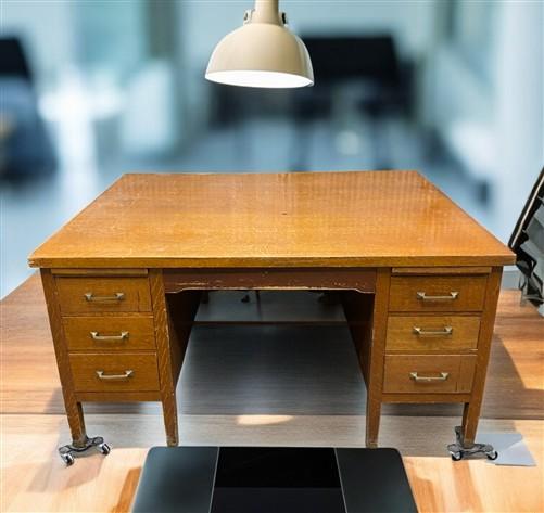 Desk - 5' Oak Partner Desk, Vintage Executive Wooden Desk, Teacher's Mid Century Desk by The Old Grainery (5' Desk, Comput...