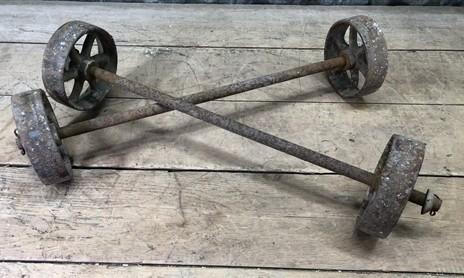 Cast iron wheels - 4 Factory Cart Wheels & 2 Axles Cast Iron Vintage Lineberry Industrial Wheel A43 by The Old Grainery (5...