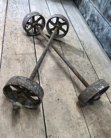 Cast iron wheels - 4 Factory Cart Wheels & 2 Axles Cast Iron Vintage Lineberry Industrial Wheel A43 by The Old Grainery (5...