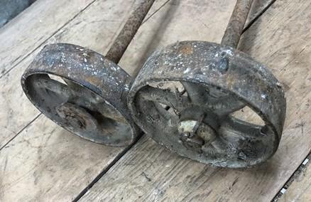 Cast iron wheels - 4 Factory Cart Wheels & 2 Axles Cast Iron Vintage Lineberry Industrial Wheel A43 by The Old Grainery (5...