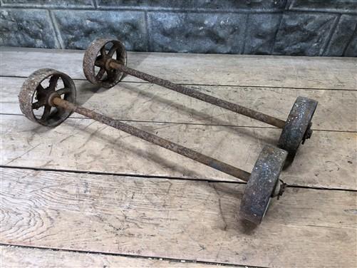 Cast iron wheels - 4 Factory Cart Wheels & 2 Axles Cast Iron Vintage Lineberry Industrial Wheel A43 by The Old Grainery (5...