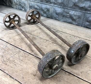 Cast iron wheels - 4 Factory Cart Wheels & 2 Axles Cast Iron Vintage Lineberry Industrial Wheel A43 by The Old Grainery (5...