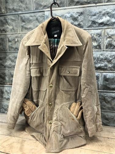 Mens coat - JC Penneys Mens Large Lined Jacket Coat, Vintage Tan Velour Snap Front Sz L Coat by The Old Grainery (Brass sn...