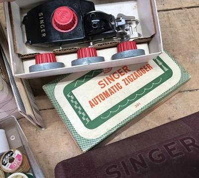 Sewing box - Singer Sewing Machine Attachments, Buttonholer, Zigzagger, Sewing Box Novelties, by The Old Grainery (attachm...