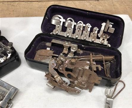 Sewing Machine attachments - Greist White Rotary Vintage Sewing Machine Attachments, Sewing Parts Metal Box, by The Old Gr...