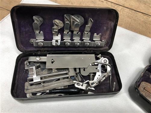 Sewing Machine attachments - Greist White Rotary Vintage Sewing Machine Attachments, Sewing Parts Metal Box, by The Old Gr...