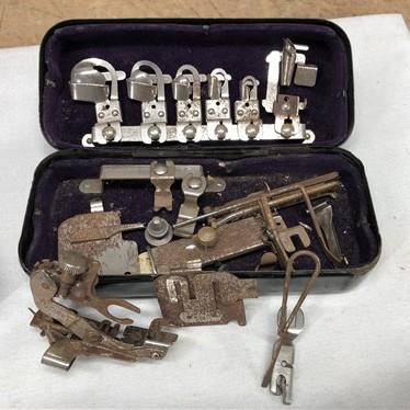 Sewing Machine attachments - Greist White Rotary Vintage Sewing Machine Attachments, Sewing Parts Metal Box, by The Old Gr...
