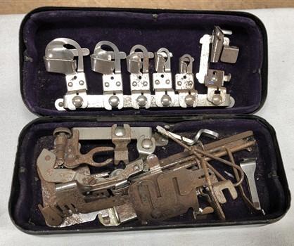 Sewing Machine attachments - Greist White Rotary Vintage Sewing Machine Attachments, Sewing Parts Metal Box, by The Old Gr...