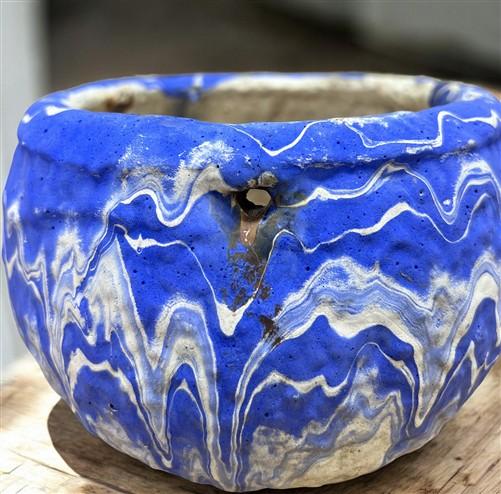 Ozark Roadside Tourist Pottery, Blue Drip Hanging Pot Planter, Horrine Style F