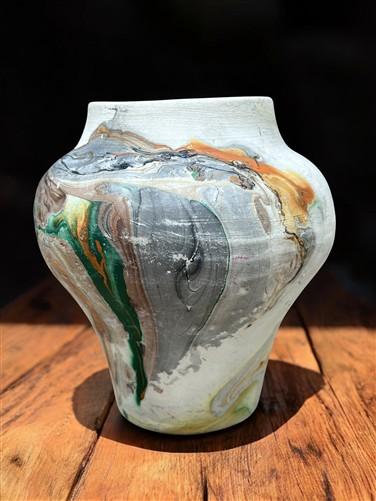Vase - Nemadji Swirl Art Pottery, Orange Green Brown Matte Ceramic 4 Vase Lot, by The Old Grainery (abstract pottery, amer...