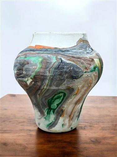 Vase - Nemadji Swirl Art Pottery, Orange Green Brown Matte Ceramic 4 Vase Lot, by The Old Grainery (abstract pottery, amer...