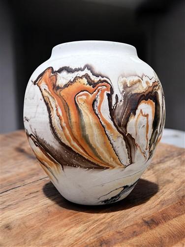 Vase - Nemadji Swirl Art Pottery, Orange Green Brown Matte Ceramic 4 Vase Lot, by The Old Grainery (abstract pottery, amer...