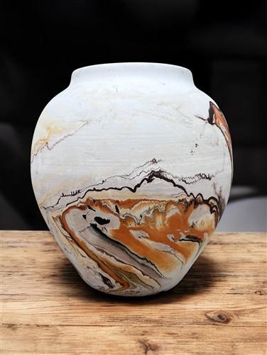 Vase - Nemadji Swirl Art Pottery, Orange Green Brown Matte Ceramic 4 Vase Lot, by The Old Grainery (abstract pottery, amer...