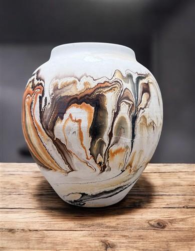 Vase - Nemadji Swirl Art Pottery, Orange Green Brown Matte Ceramic 4 Vase Lot, by The Old Grainery (abstract pottery, amer...