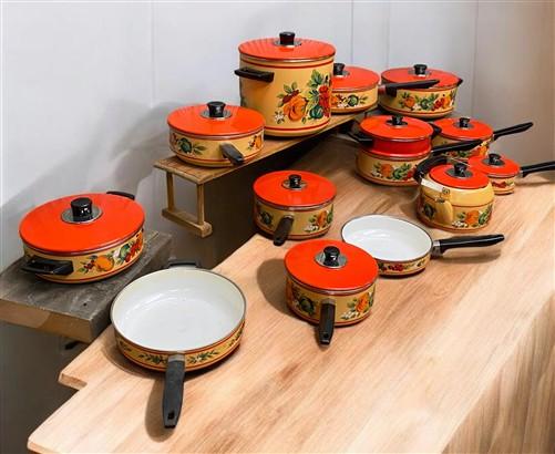 Cookware Set - 13 pc Holt Howard "Fruit Festival" Cookware Set, Vintage Enamel Cookware, MCM by The Old Grainery (1960s co...