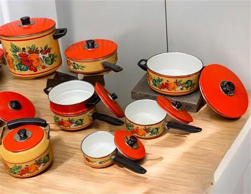 Cookware Set - 13 pc Holt Howard "Fruit Festival" Cookware Set, Vintage Enamel Cookware, MCM by The Old Grainery (1960s co...
