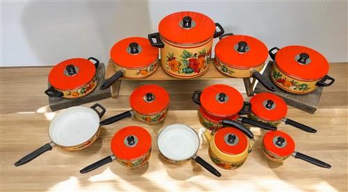 Cookware Set - 13 pc Holt Howard "Fruit Festival" Cookware Set, Vintage Enamel Cookware, MCM by The Old Grainery (1960s co...
