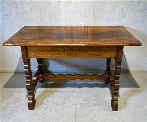 Lenox Shop Writing Table, Vintage 1930s Spanish Revival Carved Desk Trestle Base