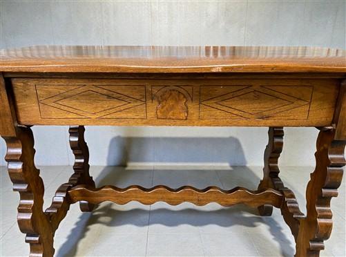 Lenox Shop Writing Table, Vintage 1930s Spanish Revival Carved Desk Trestle Base