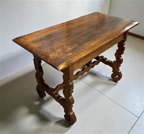 Lenox Shop Writing Table, Vintage 1930s Spanish Revival Carved Desk Trestle Base