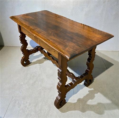 Lenox Shop Writing Table, Vintage 1930s Spanish Revival Carved Desk Trestle Base