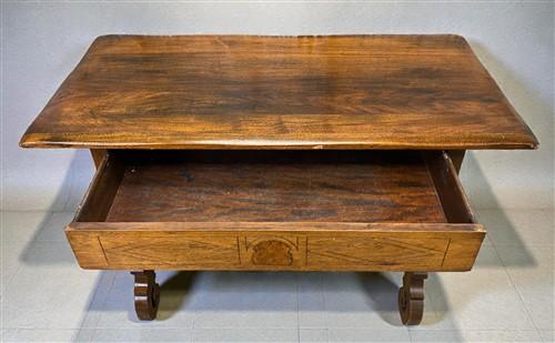 Lenox Shop Writing Table, Vintage 1930s Spanish Revival Carved Desk Trestle Base