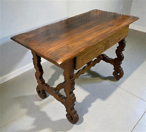 Lenox Shop Writing Table, Vintage 1930s Spanish Revival Carved Desk Trestle Base