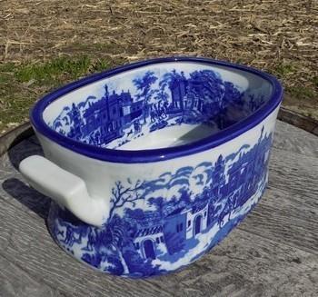 Chinese Porcelain Foot Bath, Blue White Cityscape Chinoiserie Decor A7M