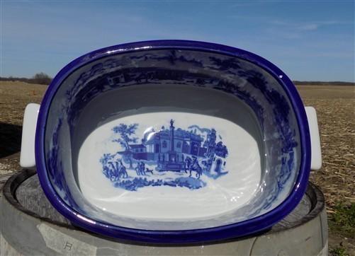 Chinese Porcelain Foot Bath, Blue White Cityscape Chinoiserie Decor A7M