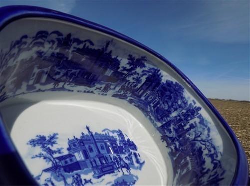 Chinese Porcelain Foot Bath, Blue White Cityscape Chinoiserie Decor A7M