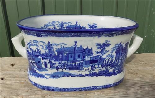 Large Blue & White Cityscape Foot Bath, Chinese Porcelain Decor, Chinoiserie A8M