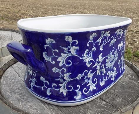 Chinoiserie Foot Bath Bowl, Large White Blue Floral Porcelain A24M