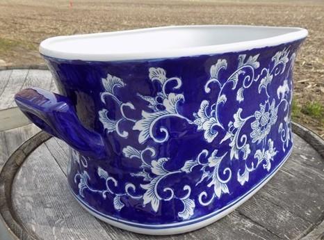 Chinoiserie Foot Bath Bowl, Large White Blue Floral Porcelain A24M