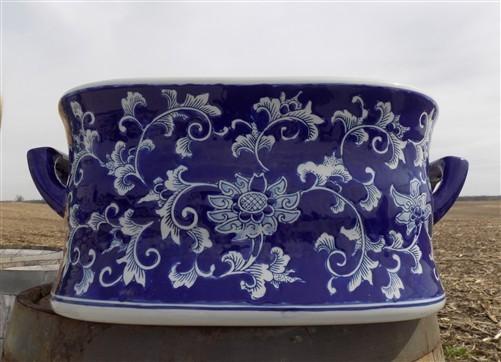 Chinoiserie Foot Bath Bowl, Large White Blue Floral Porcelain A24M