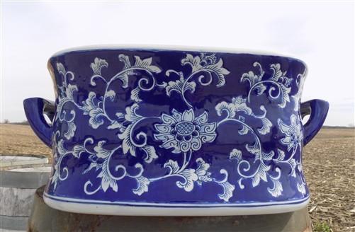 Chinoiserie Foot Bath Bowl, Large White Blue Floral Porcelain A24M