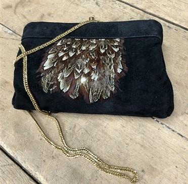 Clutch purse - 70s Ruth Saltz Suede Clutch Purse, Vintage Feathered Shoulder Bag by The Old Grainery (1970s, bag, black)