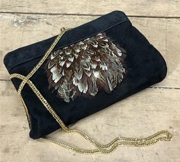 Clutch purse - 70s Ruth Saltz Suede Clutch Purse, Vintage Feathered Shoulder Bag by The Old Grainery (1970s, bag, black)
