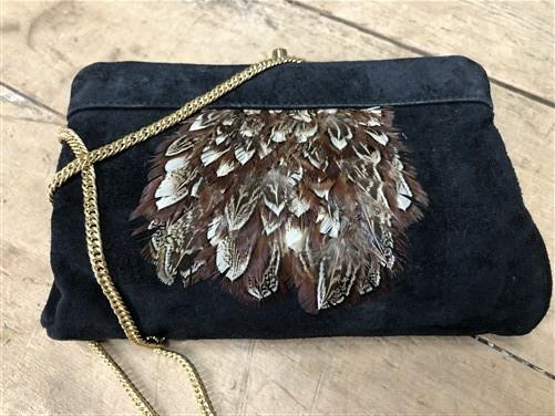 Clutch purse - 70s Ruth Saltz Suede Clutch Purse, Vintage Feathered Shoulder Bag by The Old Grainery (1970s, bag, black)