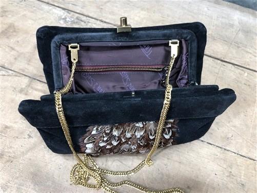 Clutch purse - 70s Ruth Saltz Suede Clutch Purse, Vintage Feathered Shoulder Bag by The Old Grainery (1970s, bag, black)