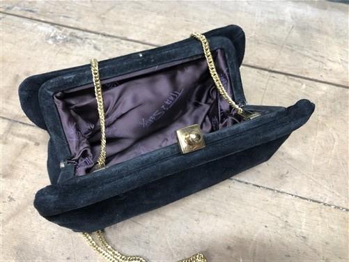 Clutch purse - 70s Ruth Saltz Suede Clutch Purse, Vintage Feathered Shoulder Bag by The Old Grainery (1970s, bag, black)